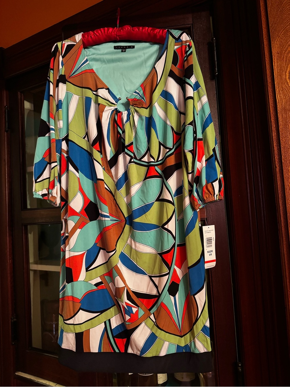 Tiana B. Multicolor Abstract Tunic Dress in Teal, Blue, Green, Red, Brown